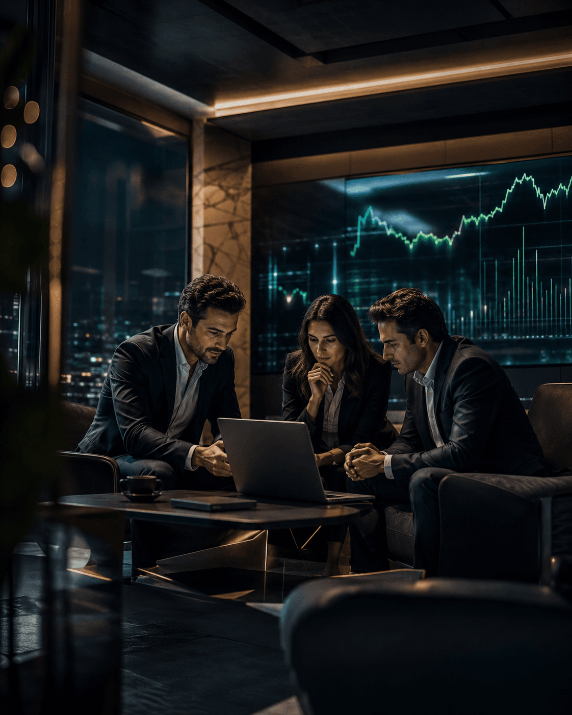 Premium trading team reviewing market signals in a dark executive lounge