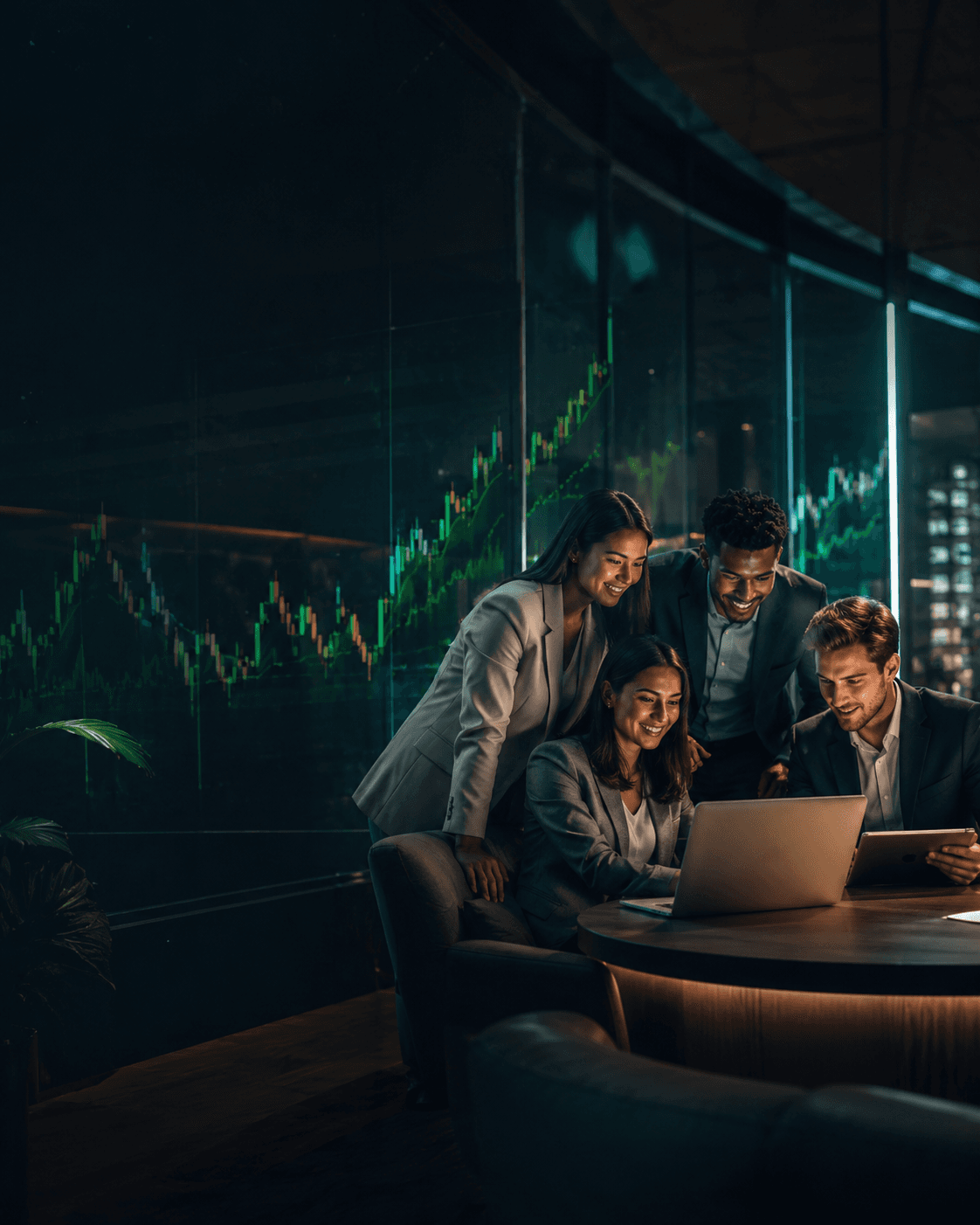 Premium trading team using market signal software in a cinematic fintech office